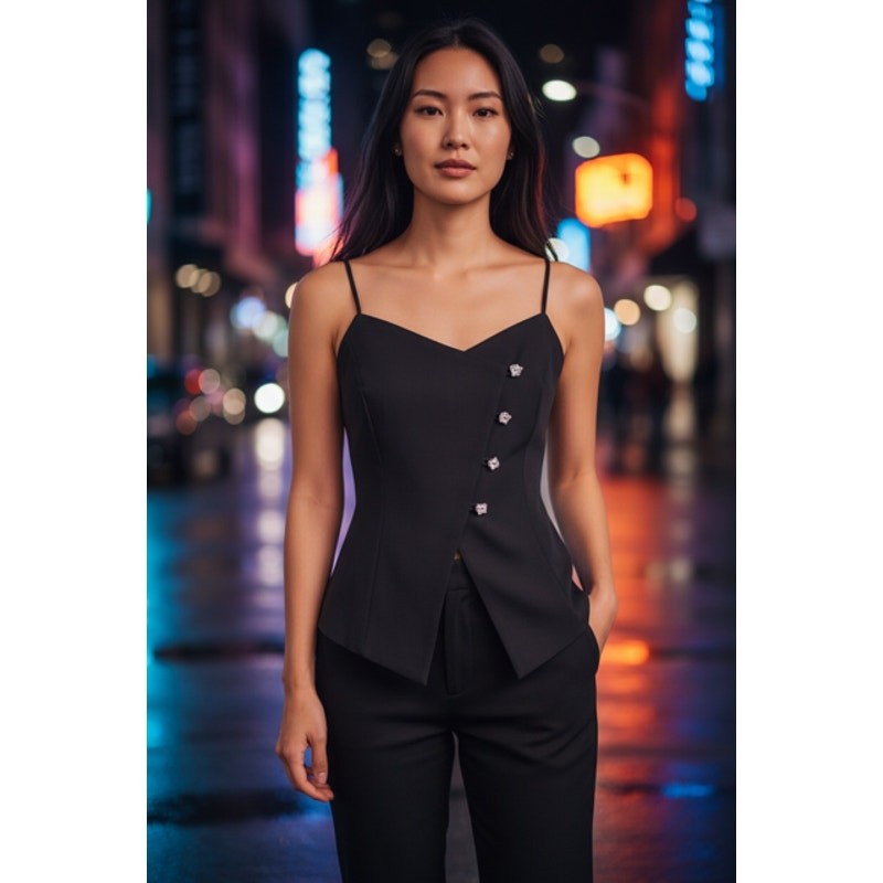 Milk & Honey - Asymmetrical Button Down Spaghetti Strap w/Side Zip Top - Small