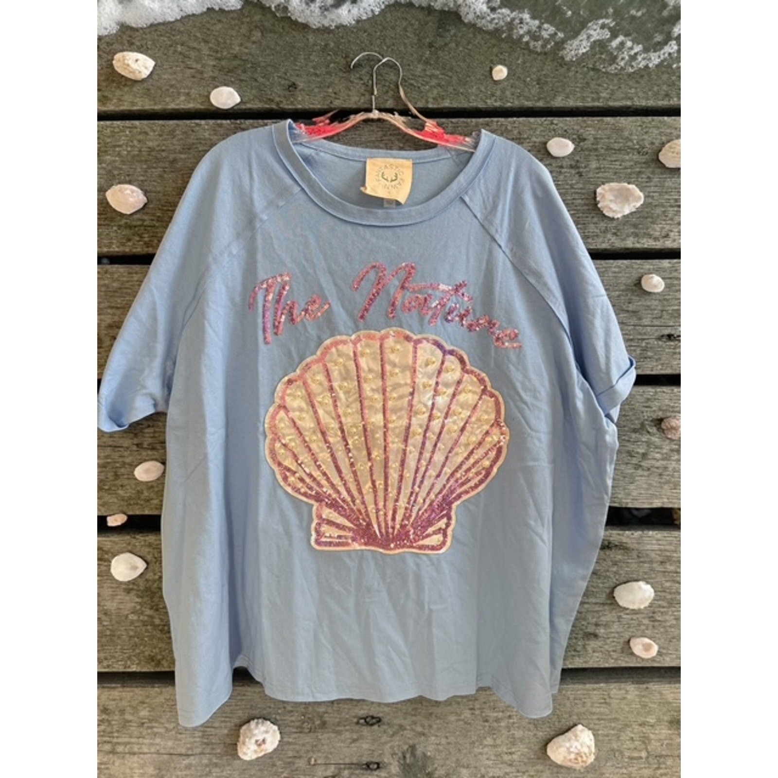 Oceanside Style Blue Shell Tee with Pearls and Sequin - Medium - Image 4