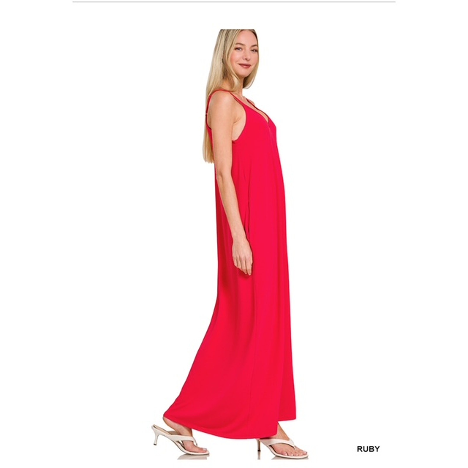 ZENANA - V Neck Cami Maxi Dress with Side Pockets - Medium - Image 3
