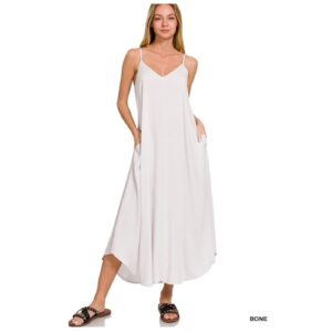 ZENANA - WOVEN ARC HEM CAMI MIDI DRESS WITH FLOWY POCKETS - Small